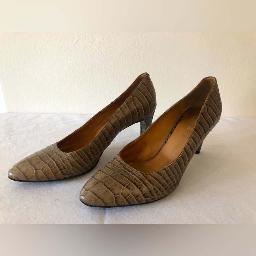 Dries Van Noten Heels Tan Taupe Croc Embossed Silver Pumps Size 37